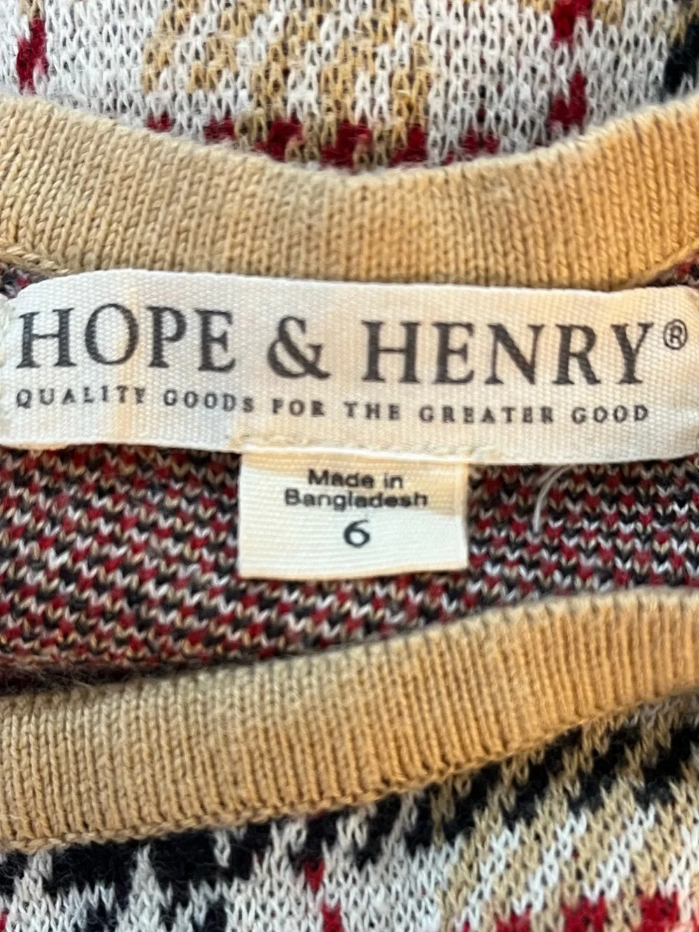 Hope & Henry Tan Organic Cotton Plaid Knit Dress with Bow Girl’s 6